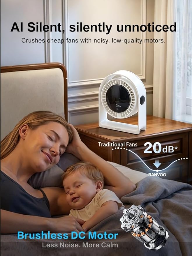RANVOO 2026 New Desk Fan, Quiet Air Circulator Mini Fan for Bedroom, 4 Speeds Strong Airflow Portable Fan, Smart Display USB Fans,120°Tilt, Small Desktop Table Fans For Office Room, Ivory White