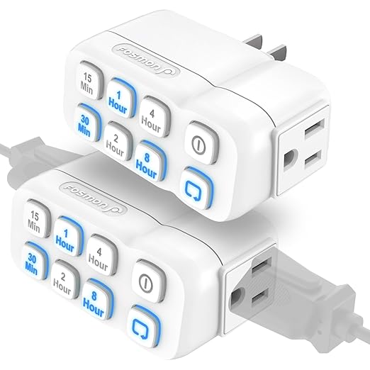 Fosmon Countdown Plug-in Timer Dual Outlets, Indoor Light Timers for Electrical Outlets, 15-30 Min, 1-2-4-8 Hour Settings, Grounded 3-Prong, 15A/1875W, ½ HP, 2-Pack