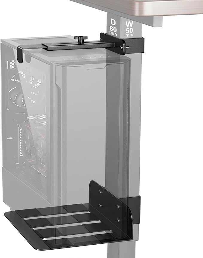 Clamp-On Under Desk PC Mount, No Drilling Adjustable Desk Leg Computer Mount Width Adjustable from 5.7" to 9.8", Holds Up to 40 lbs Heavy Duty PC Tower Stand for Under Desk, Fits 80mm×50mm Legs