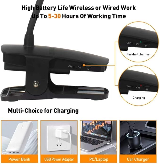 Cordless Clip on Desk Lamp with Clamp, 30 Lighting Modes (6 Colors x 5 Dimming Levels) Eye-Protect 450 Lumen, 360° Flexible Gooseneck & Foldable, Clip on Light for Bed Headboard / Puzzle,Black 2 Pcs