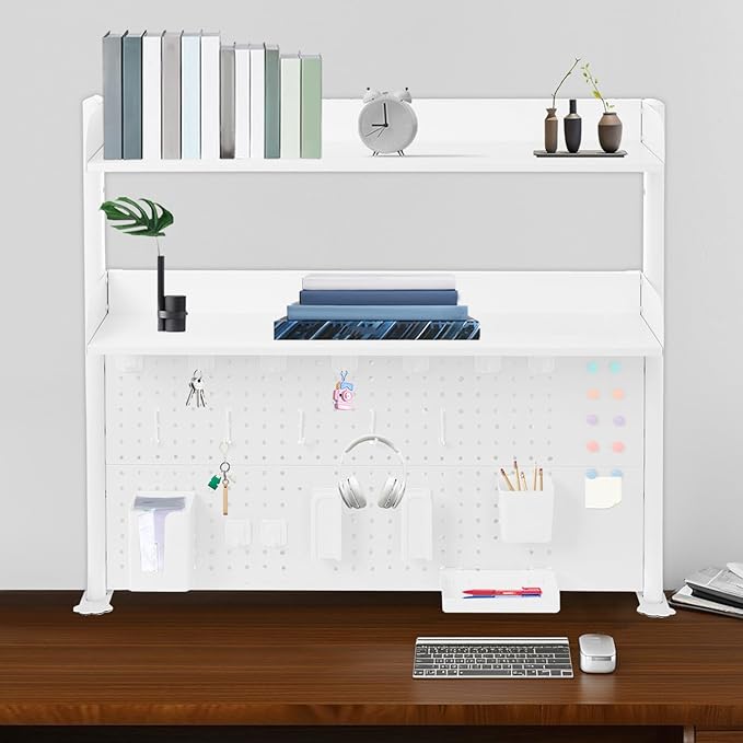 Clamp on Desk Organizer Shelf with Pegboard, Multipurpose Desktop Hutch Desk Bookshelf Desktop Bookcase Storage Rack Display Shelf for Home Office Dorm, Study Rooms, Bedrooms (White)