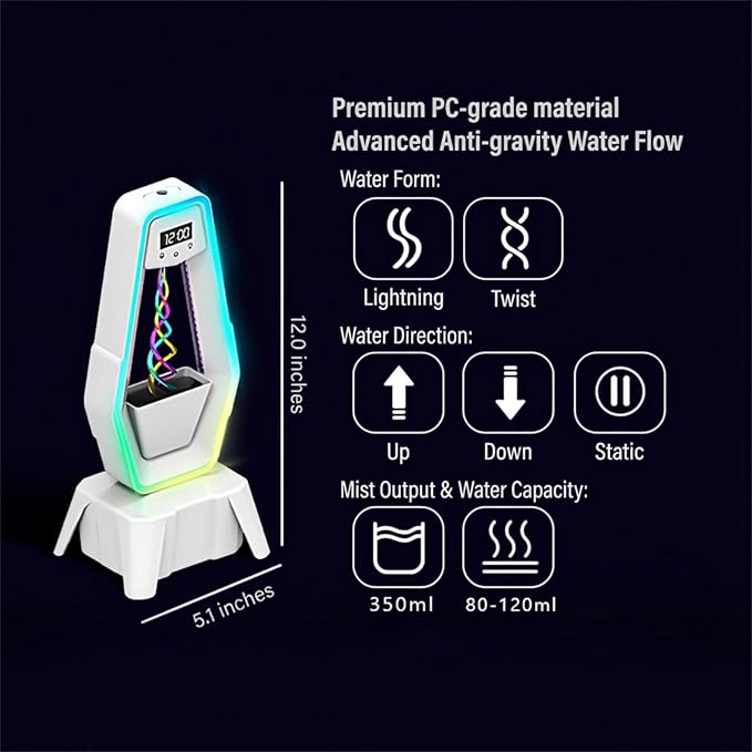Anti-Gravity Humidifier with Clock & LED Lights｜Ultrasonic Cool Mist, Ultra-Quiet for Bedroom & Desk｜350ml Tank, Ideal for Small Office or Home Spaces
