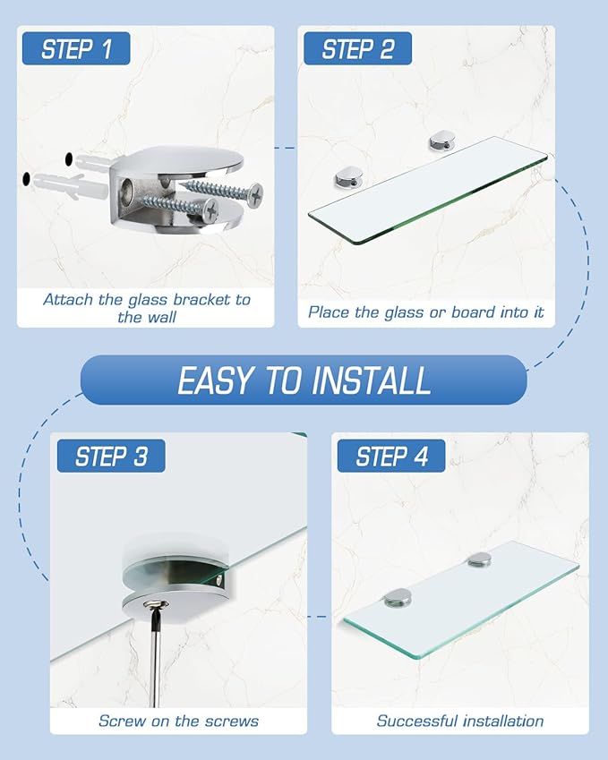 Alise Glass Shelf Bracket Adjustable Shower Brackets,Heavy Duty Rectangle Clamp Holder for 6-10mm Glass Shelves,Wall Mount Clamps Clip Support Hardware Replacement Parts,Polished Chrome 4 Pcs