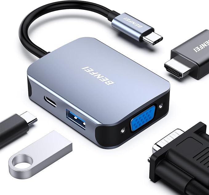 BENFEI USB C HUB 4-in-1, USB Type-C to HDMI VGA Adapter, USB C to USB Adapter, USB Type-C Power Delivery, Compatible with iPhone 15 Pro/Max, MacBook Pro/Air 2023, iPad Pro, iMac, S23, XPS 17