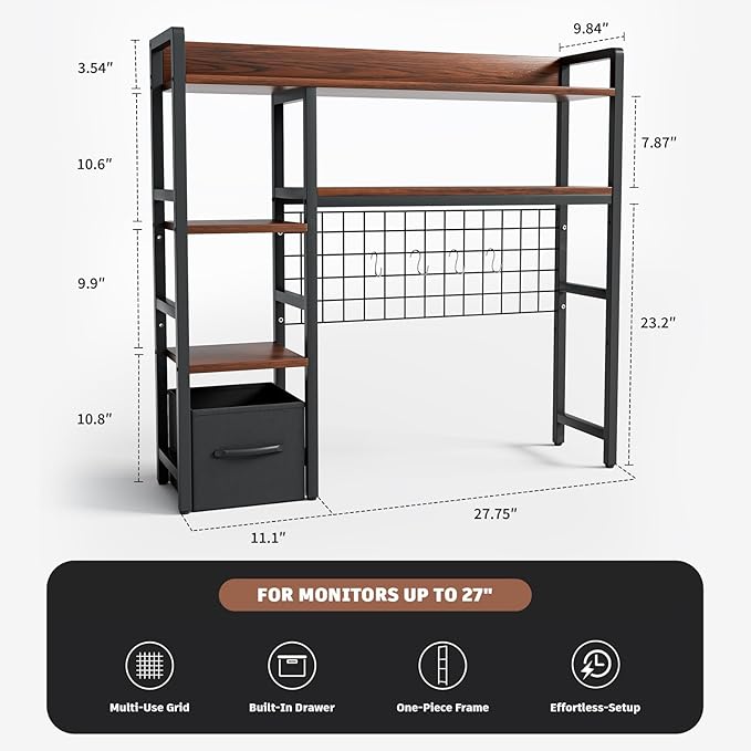 Desk Hutch for Computer Monitor,Desktop Bookshelf Organizer,4 Tier Desk Hutch with Grid Panel,38.6" Desk Shelf Storage Rack for Home Office,Study,Dorm,Black