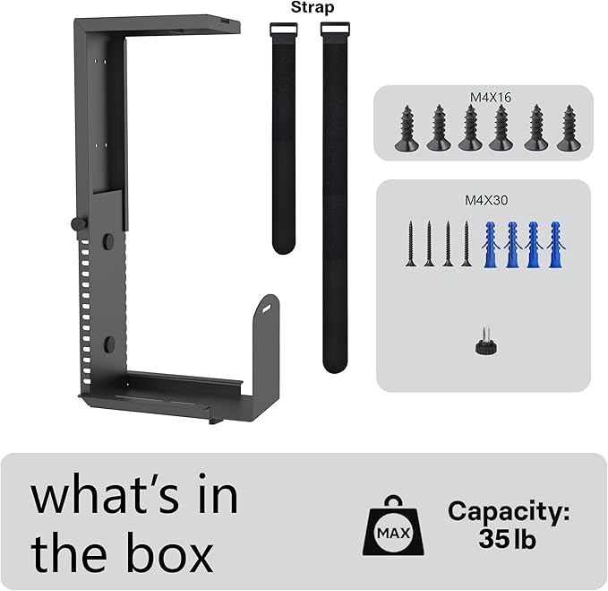 Universal Wall or Under Desk CPU Mount, PC/NAS Bracket – 4.5 to 9.2 inch Wide Computer Holder, Space-Saving Design with Safety Lock,Max Load 32Lbs