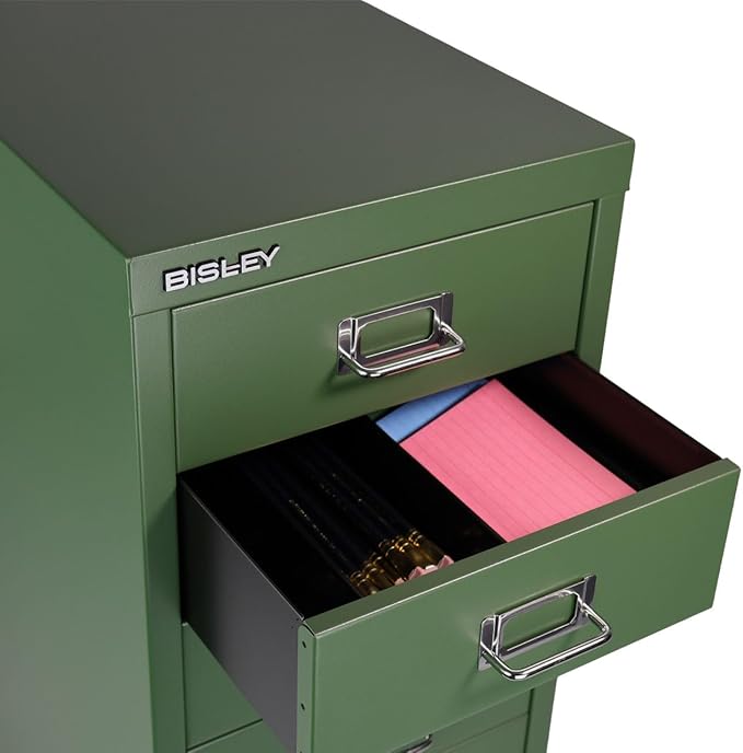 Bisley 6-Drawer Steel MultiDrawer Cabinet - Olive Green, Chrome Pull Handles with Label Holders, Powder-Coated Steel, Removable Drawers, Fits Under Most Desks, Labels Included
