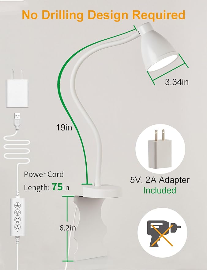 BOHON No Install Bedside Reading Light, Clip-Free Wall Mounted Lamp with 5 Colors & 10 Brightness Levels, Flexible Gooseneck, 30 Min Auto-Off Timer, Bed Lights for Headboard, Bedroom, Dorm (White)