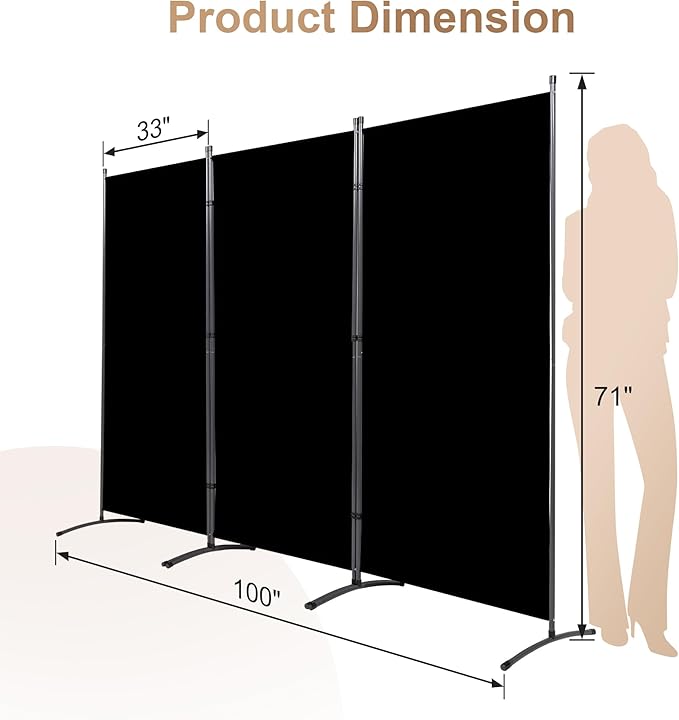 Grezone Large Folding Panel Portable Stand Room dividers Privacy Screen for Bedroom Dining Room Screens Curtains Partition Home Office Dorm Separation (Black, Three Panel)