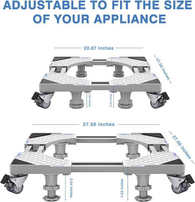 Mini Fridge Stand With 4 Locking Swivel Wheels & 4 Strong Feet Double Fixed Rods Heavy-Duty Washing Machine Stand Adjustable Appliance Dolly Mover Mobile Base Laundry Pedestal For Washer, Dryer, White