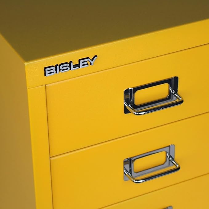 Bisley 3-Drawer Steel MultiDrawer Cabinet - Golden Sunflower Yellow, Chrome Pull Handles with Label Holders, Powder-Coated Steel, Removable Drawers, Desktop Storage, Labels Included