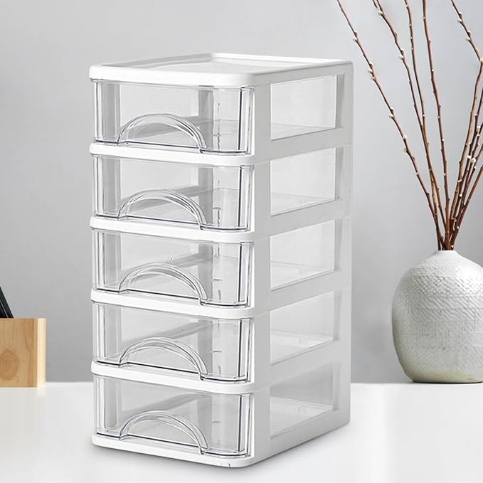 Mini Desktop Drawer Plastic White Frame with Clear Drawers Small Storage Drawers Containers Multi-layer Storage Organization Units for Storing Arts, Crafts, Sewing Accessories, Stationary (5 Layers)