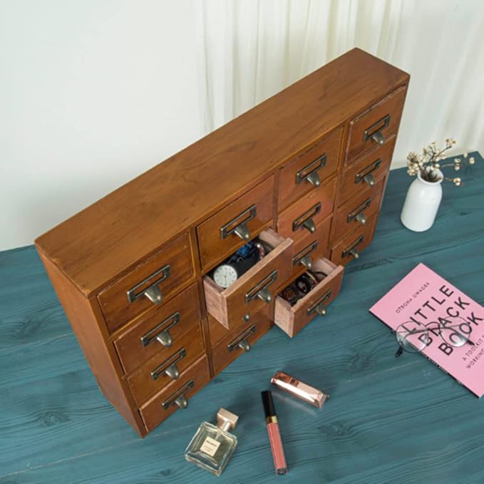 16 Drawers Apothecary Cabinet with Drawers Tabletop Apothecary Chests and Cabinets Library Card Catalog Cabinet Herb Storage Box Wooden Desk Drawer Organizer Medicine Vintage Furniture(BROWN)