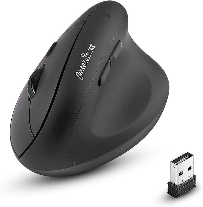 Perixx PERIMICE-608II Wireless Vertical Mouse, 2.4GHz, 6 Buttons, Adjustable DPI 800/1200/1600/2400, Right-Handed Design, USB Receiver, Black