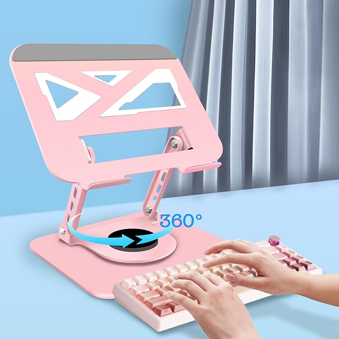 3-Year Swivel Laptop Stand -360°Rotating,Ergonomic Adjustable Metal Design,Fits10-16 Laptops,Ideal for Office&Travel,Foldable&Portable,Mechanical Style,Perfect for Women (Pink)