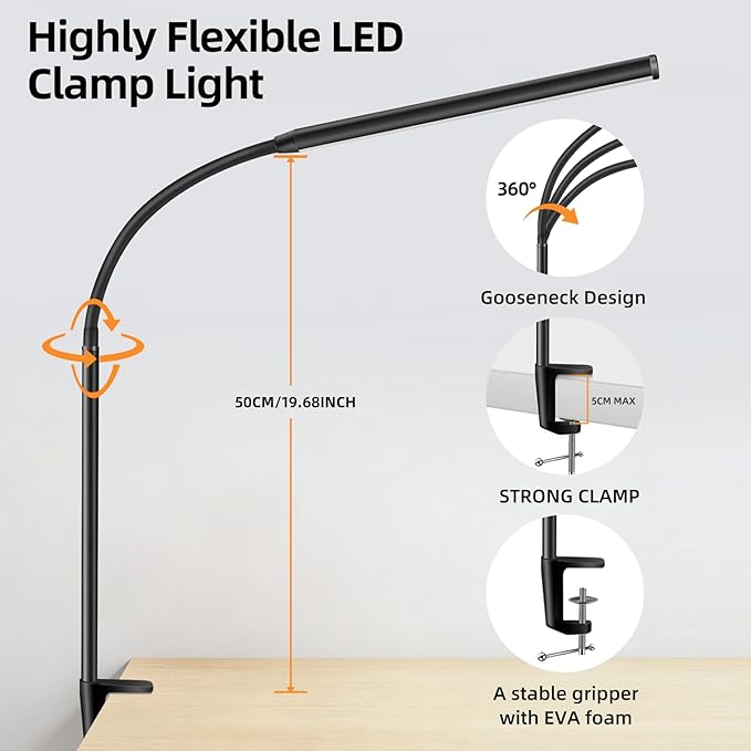Akynite LED Desk Lamp with Clamp Clip on Reading Light Dimmable USB Small Clamp Lamp with 3 Color Modes 10 Brightness, Adjustable Flexible Gooseneck Workbench Light for Bed Headboard, Nail, Computer
