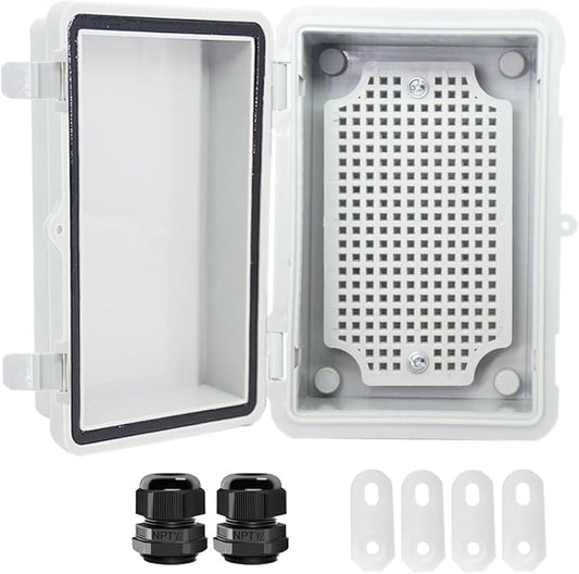 Junction Box, Hinged Cover IP67 Waterproof ABS Project Box with 2 NPT 1/2" Cable Gland, Electrical Box Enclosure with Mounting Plate & Wall Bracket 5.9 x 3.9 x 2.8inch(150x100x70mm)