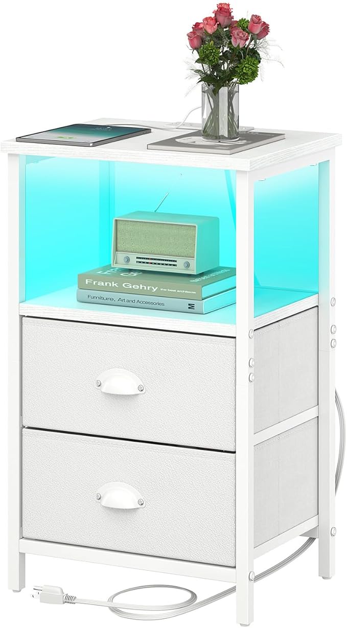 sthmec Nightstand with Charging Station, LED Night Stand with 2 Fabric Drawers PU Finish, Bedside Tables End Table with LED Light, 3-Tier Storage Side Table Nightstand with Drawers for Bedroom,White