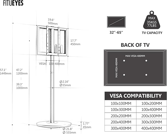 FITUEYES Design Mobile Rolling TV Cart for 32-65 Inches Television, Modern Corner TV Floor Stand on Wheels Fits Max VESA 400x400mm, V2 Portable Smart Television Cart, White, Master Series