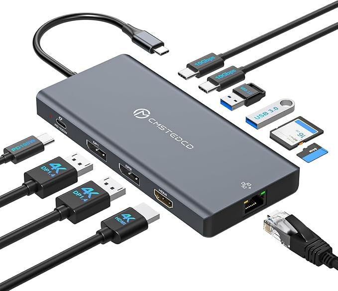 USB C Laptop Docking Station 3 Monitors with Dual DisplayPort 4K@120Hz and HDMI 4K@60Hz, 12 in 1 Thunderbolt Hub with USB A 3.0, USB C 3.2, Ethernet, SD, TF, PD 100W for Desktop Computer