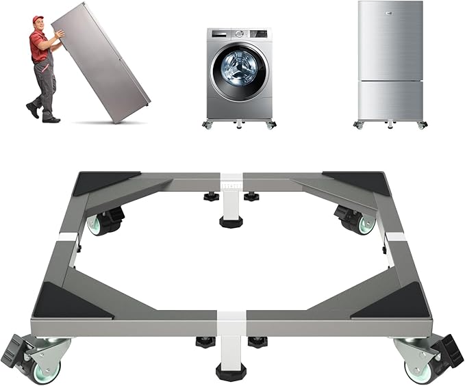 I'Ezonk Heavy Duty All Stainless Steel Mobile Mini Fridge Stand, Refrigerator Stand and Washing Machine Stand with Wheels, Adjustable Furniture Dolly for Washer, Refrigerator and Dryer(Gray)