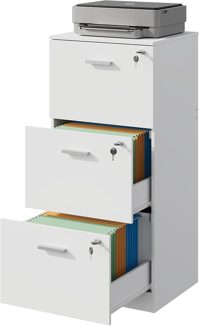 DEVAISE 3 Drawer File Cabinet, Vertical Wood Filing Cabinet for Home Office, Office Printer Stand for Letter and A4 Size, White