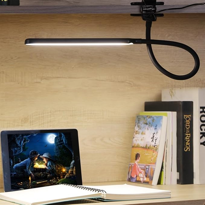 Clip on Light LED Desk Lamp LED Light and Metal Clip, 10 Level Brightness 3 Color Modes, Power by USB Port 10W Flexible Gooseneck Reading Light for Home and Office (Black)