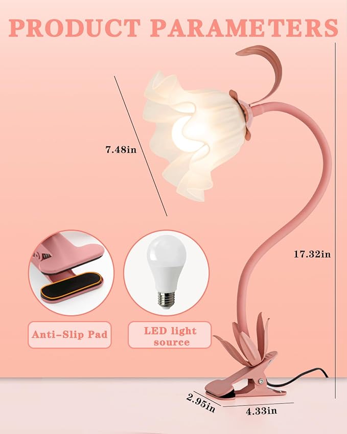 WERFOP Flower Lamp Clip on Light, 3 Color Modes Eye-Caring Desk Lamp with Clamp, Dorm Room Essentials, Flexible Neck Reading Clamp Lamps for College Bedside Bookshelf Studying Room (Pink)