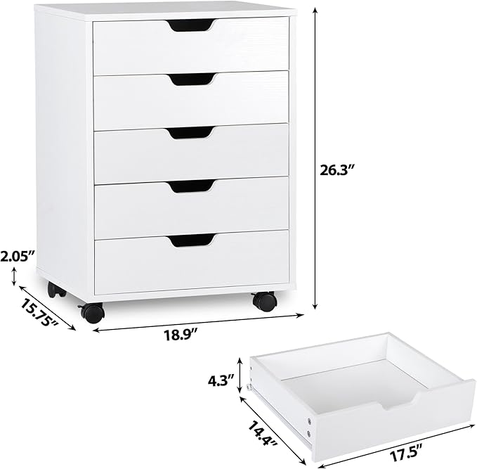 SUPER DEAL 5 Drawer File Cabinet for Home Office, Wood Under Desk Filing Cabinet Mobile Printer Stand Rolling Storage Organizer with Lockable Casters for Apartment Small Spaces, White