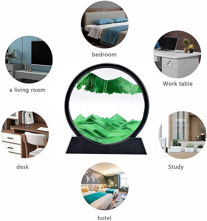 rysnwsu 3D Dynamic Sand Art Liquid Motion, Moving Sand Art Picture Round Glass 3D Deep Sea Sandscape in Motion Display Flowing Sand Painting Relaxing Desk Toys (Green, 12'')