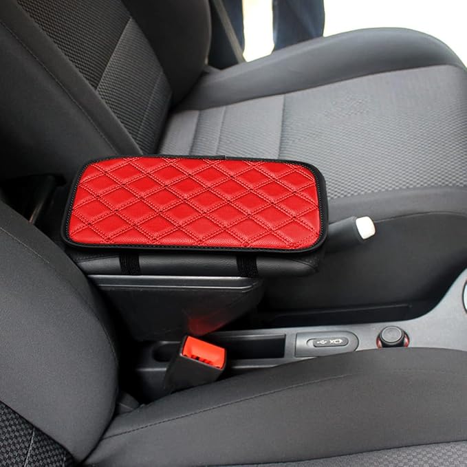 8sanlione Car Leather Center Console Cushion Pad, 11.4"x7.4" Waterproof Armrest Seat Box Cover Fit for Cars, Vehicles, SUVs, Comfort, Car Interior Protection Accessories (Rhombic Lattice Red)