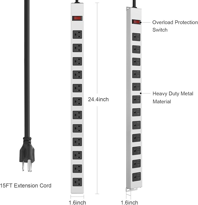 JUNNUJ Metal 16 Outlet Power Strip, Mountable Heavy Duty Power Strip, 1200J Surge Protector Wall Mount Screws Outlet with Switch, Gaming Desk Strips Wide Spaced 15A 125V 1875W, 15 FT 14AWG Power Cord