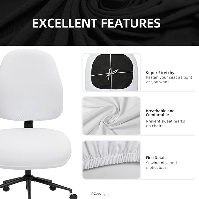 Stretchable Desk Office Chair Seat Covers - Universal Spandex Computer Chair Slipcover - Removable Washable Rotating Backrest Coverings & Cushion Protectors for Dogs, Cats, Pets, White