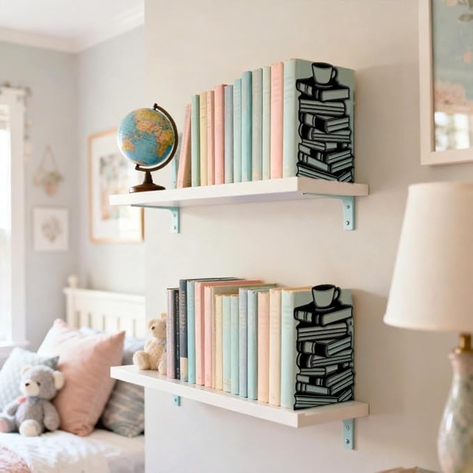 Peacoblue Metal Bookends for Shelves, Modern Decorative Heavy Duty Study Book Ends Stoppers for Office, Desk, Shelf, Room 5.3"x4.3"x7.9" Cast Iron Simple Tall Bookends 1 Pair (Book Stacks and Teacup)