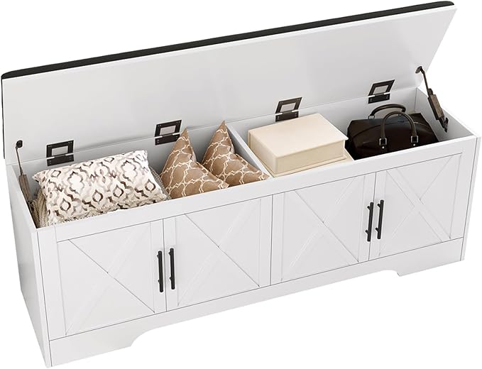 DreamDashio Farmhouse Storage Bench with Lift Top Storage, 47.2" Entryway Bench with Cushioned Seat, End of Bed Bench, Wooden Storage Chest Trunks, for Entryway, Bedroom, Living Room,White