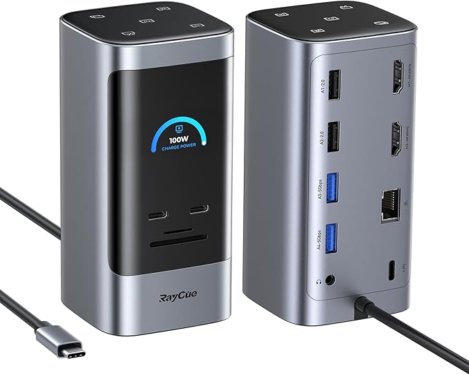 RayCue 14 in 1 Docking Station Dual Monitor, 2 * 4K HDMI, 6 USB Ports, 5 Shortcut Button, 1Gbps Ethernet, PD3.0(No Power Adapter), Laptop Docking Station for Dell/HP/Lenovo/Asus/Acer/Mac