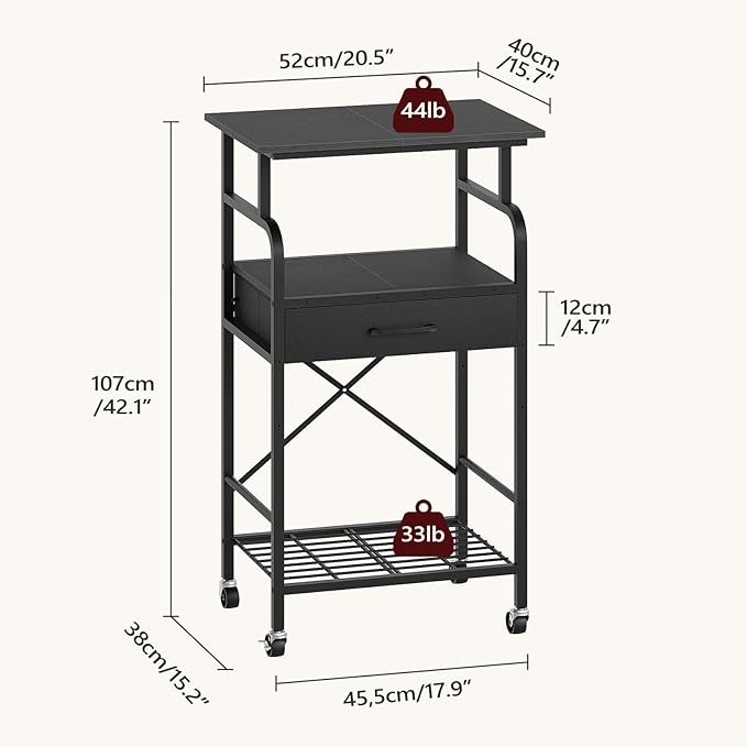 MAHANCRIS Tall Printer Stand, 3 Tier Printer Cart with Storage, Industrial Printer Table on Wheels, Adjustable Shelf & Fabric Drawer, for Home Office Study Black PTBK5501