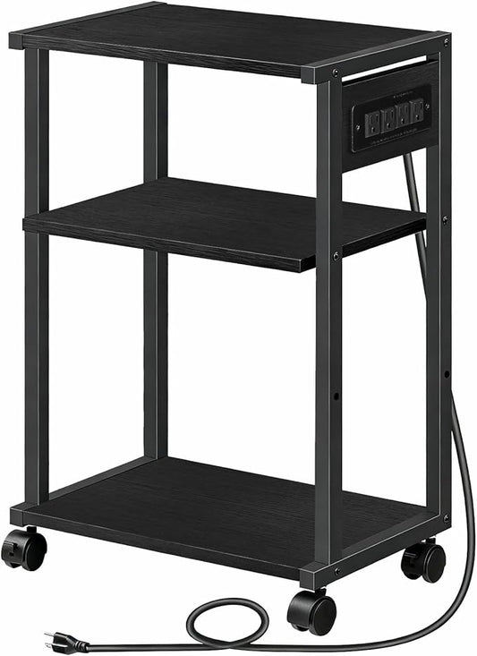 HOOBRO Industrial Printer Stand with Charging Station, 3-Tier Printer Table, Rolling Printer Cart with Adjustable Shelf and Hook, Black BB28UPS01