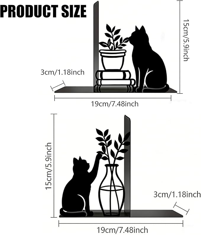 Decorative Cat Bookends, Metal Book Ends for Shelves - Cute Modern Cat Shape Bookend Holder for Bookshelf, Home Office Desk Decor, for Cat Lovers & Reading Enthusiasts