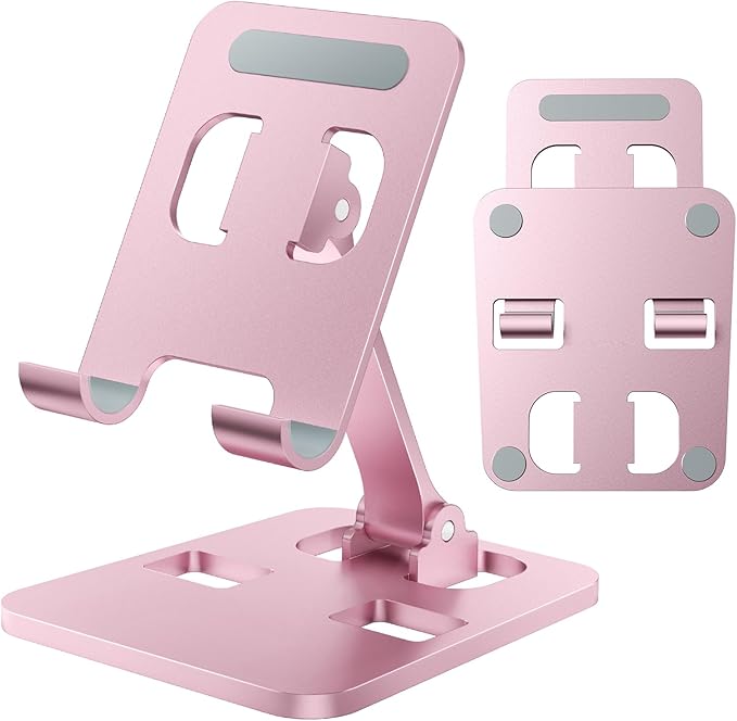 Phone Stand for Desk, Dual Folding Cell Phone Holder, Fully Adjustable Portable Mobile Phone Holder for iPhone 17 16 15 14 13 12 11 Pro Max Plus Air, Galaxy S25 S24, All Phones (Rose Gold)