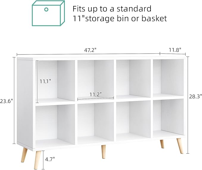 8-Cube Bookshelf 2 Tier Modern Bookcase with Legs, 11in Shelf Opening, 47" Wood Bookshelves Storage Organizer Shelf, Freestanding Open Book Shelves for Bedroom Living Room Office, White