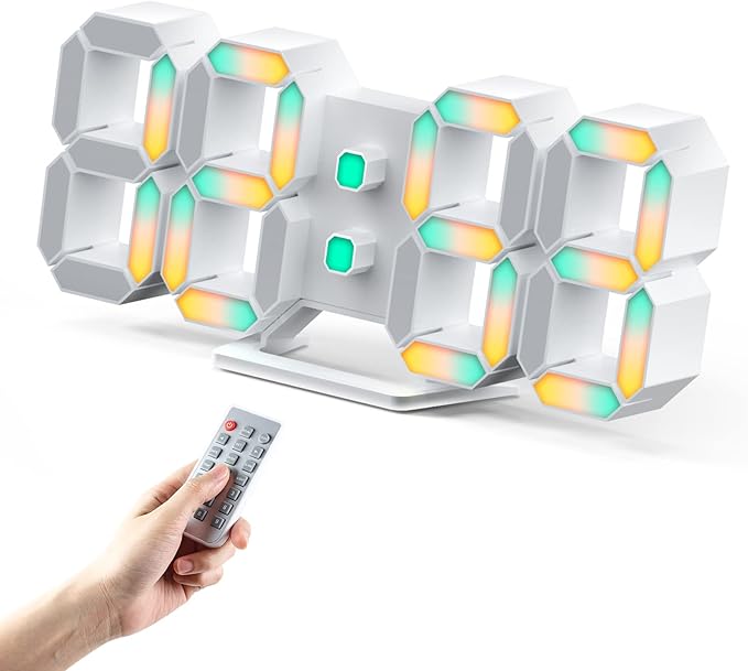 3D LED Digital Wall Clock 9.7" RGB Neon Alarm Clock, Large Display Desk/Wall Clock for Bedroom Living Room, 7 Colors Night Light, Adjustable Brightness, Time Date Temperature, 12/24H