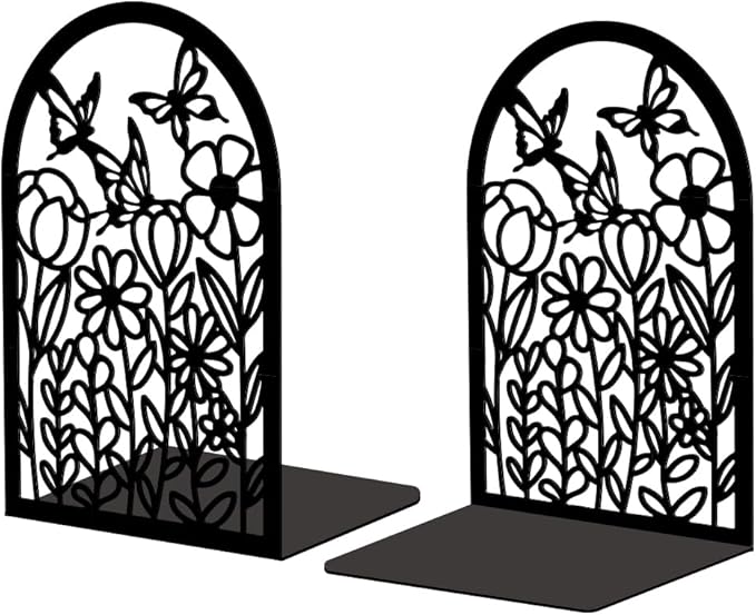 Peacoblue Metal Bookends for Shelves, Modern Decorative Heavy Duty Study Book Support Stoppers for Office, Desk, Shelf, Room 5.3"x4.3"x7.9" Cast Iron Bookends, 1 Pair (Wildflowers and Butterflies)