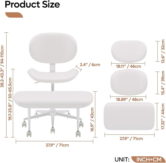 Pinmoco Cross-Legged Meditation Chair, ADHD Friendly Armless Office Chair with Footrest, PU Leather Wide Seat Desk Chair for Focus, Calm Sitting & Home Office, Off White