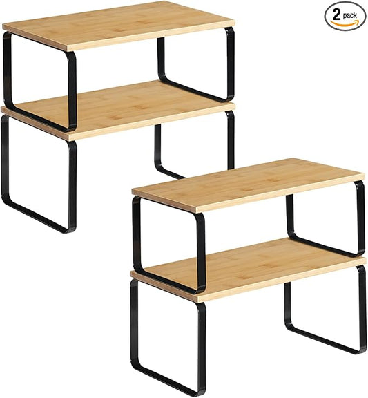 HOOBRO Cabinet Organizer Shelf, Set of 4 Kitchen Counter Shelves, Expandable Kitchen Storage, Stackable Bamboo Spice Rack, for Kitchen, Countertop, Office Desk, Bathroom, Natural and Black YB30TLP201