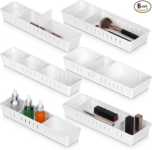 6 PCS Desk Drawer Organizer, Bathroom Drawer Organizer Trays with Dividers Adjustable, 3 Small 3 Large Makeup Organizer Bins, White Drawer Dividers for Vanity Clothes Junk Kitchen Utensil