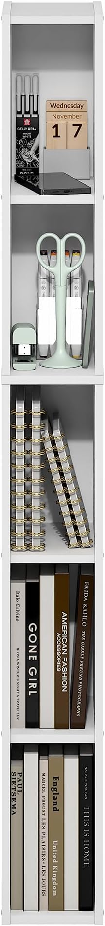 Furinno Fulda Book Shelf, 5-Tier Tall Narrow Bookshelf, Standing Bookcase with 6-in Width Storage Shelf, 9.3 x 5.9 x 51.9, for Organization Storage, for Living Room, Bedroom, Home Office, White