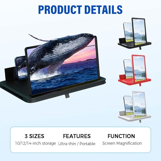 Mobile Phone Magnifier Screen, 3D HD Magnifying Projector Screen Enlarger for Movies Videos and Gaming, Foldable Phone Stand with Screen Amplifier, Compatible with All Smartphones (White A, 12inch)