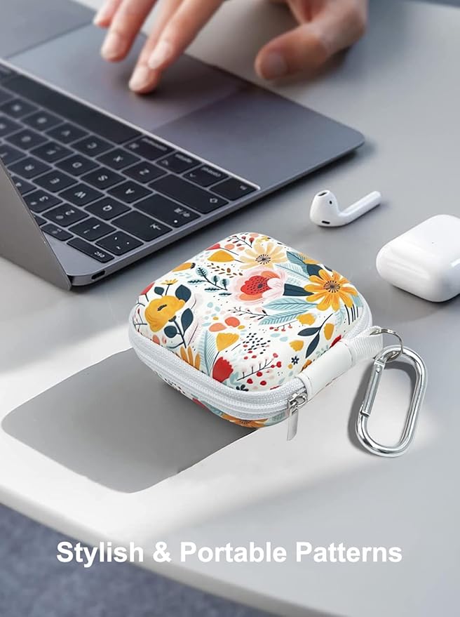 Square Earbud Case Headphone Organizer Ear Bud Case Portable EVA Carrying Box Storage Bag with Carabiner for AirPods Beats Bose Galaxy Buds 3 Data Cable Storage (Blooming Floral)