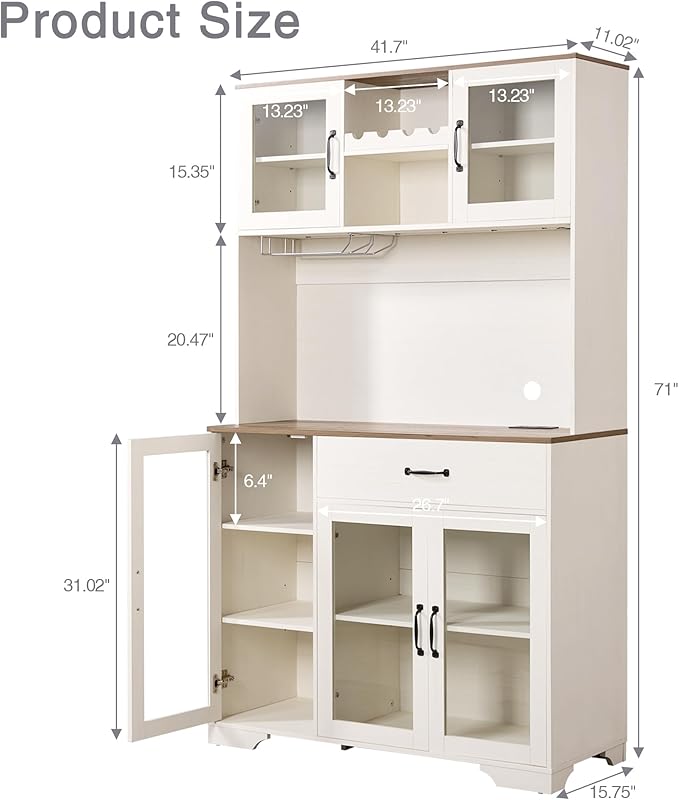 Fatmok 71" Pantry Cabinet with Wine Rack and Charging Station, Set of 2 Tall Coffee Bar Cabinets with LED Lights, Drawer, Adjustable Shelves, Kitchen Hutch Storage,Off-White
